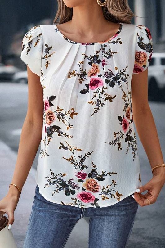 Print Pleated Sleeve Blouse