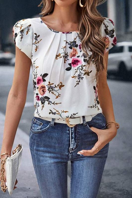 Print Pleated Sleeve Blouse