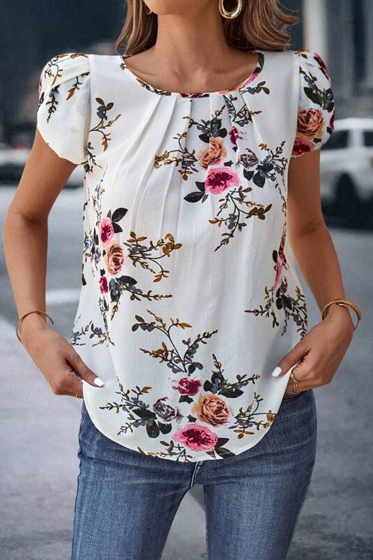 Print Pleated Sleeve Blouse