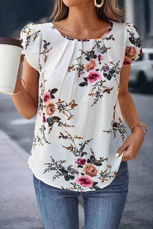Print Pleated Sleeve Blouse