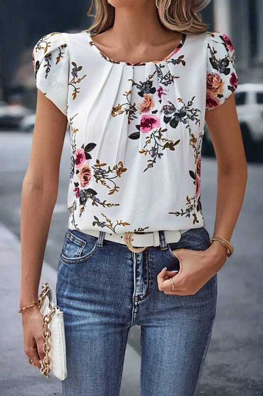 Print Pleated Sleeve Blouse