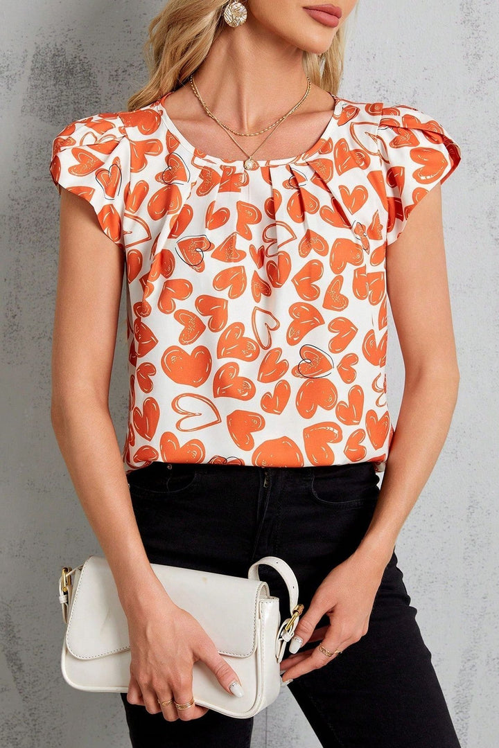 Print Pleated Sleeve Blouse
