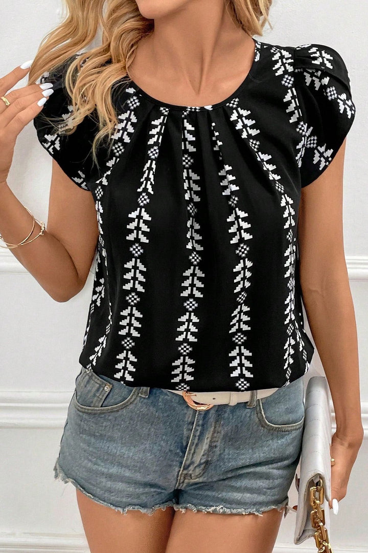 Print Pleated Sleeve Blouse