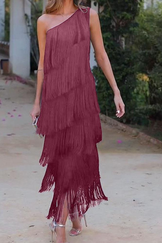 Maya-Off Shoulder elegant fringe dress