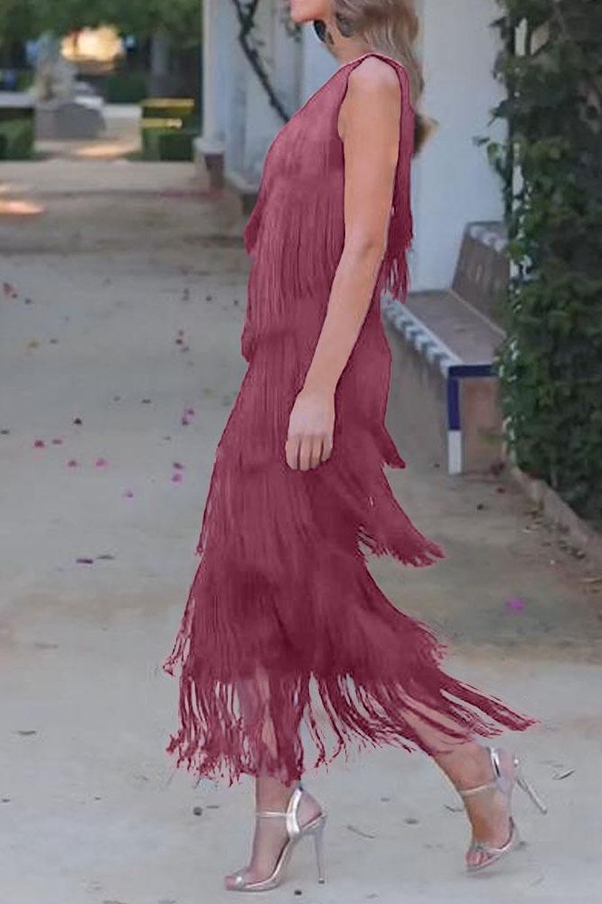 Maya-Off Shoulder elegant fringe dress
