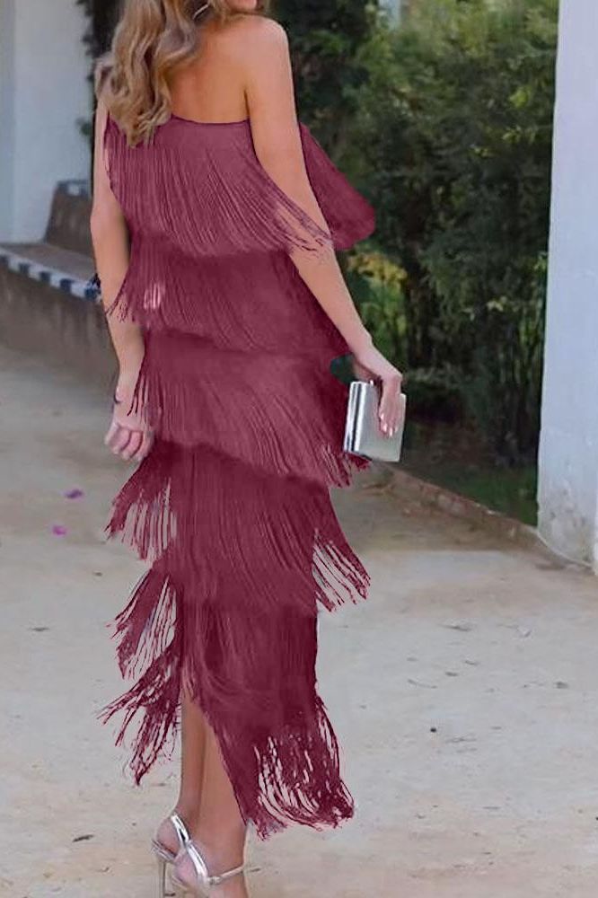 Maya-Off Shoulder elegant fringe dress