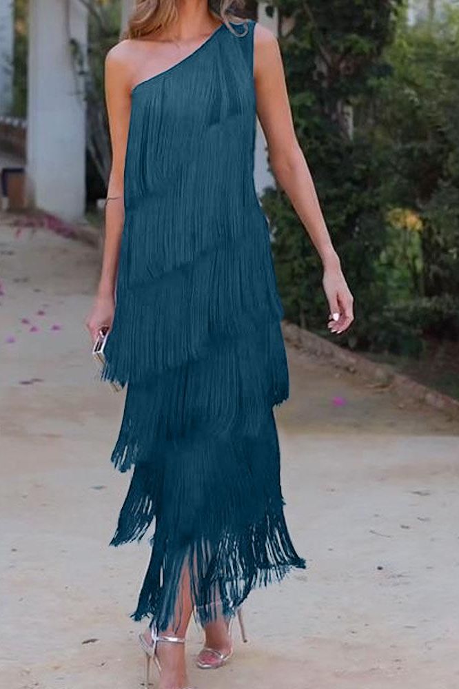 Maya-Off Shoulder elegant fringe dress