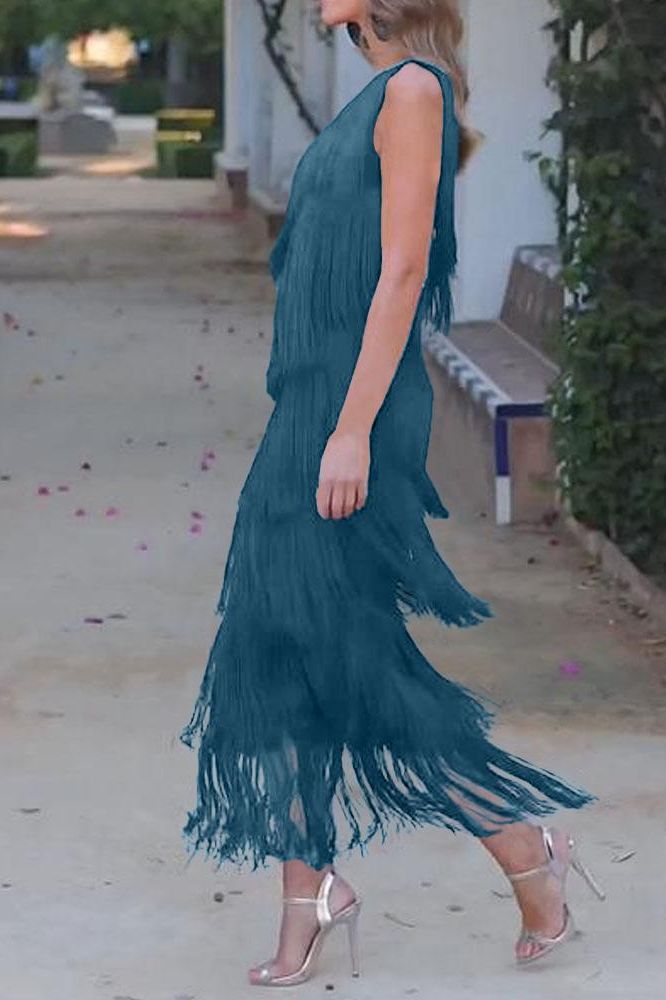 Maya-Off Shoulder elegant fringe dress