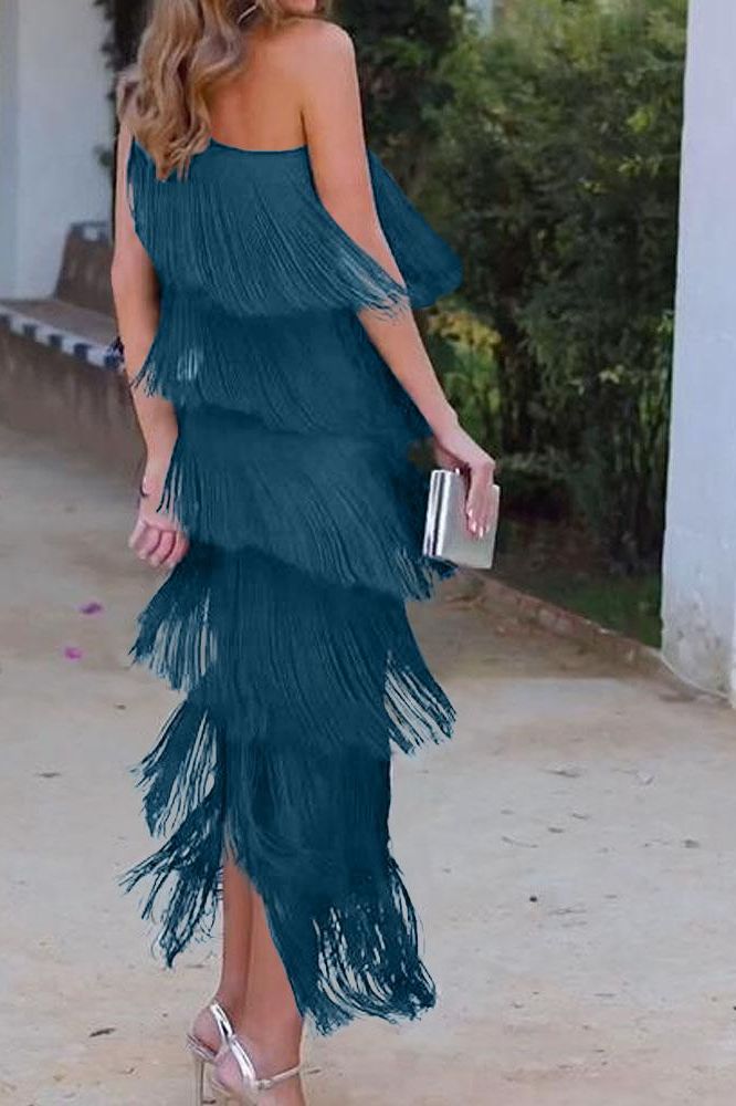 Maya-Off Shoulder elegant fringe dress