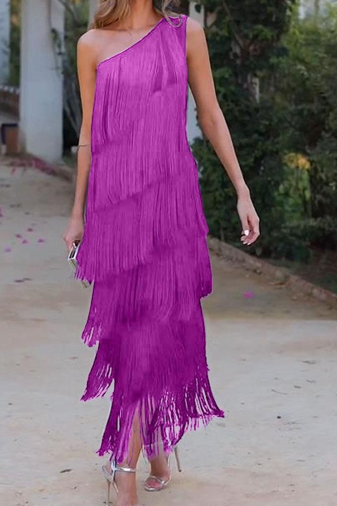 Maya-Off Shoulder elegant fringe dress