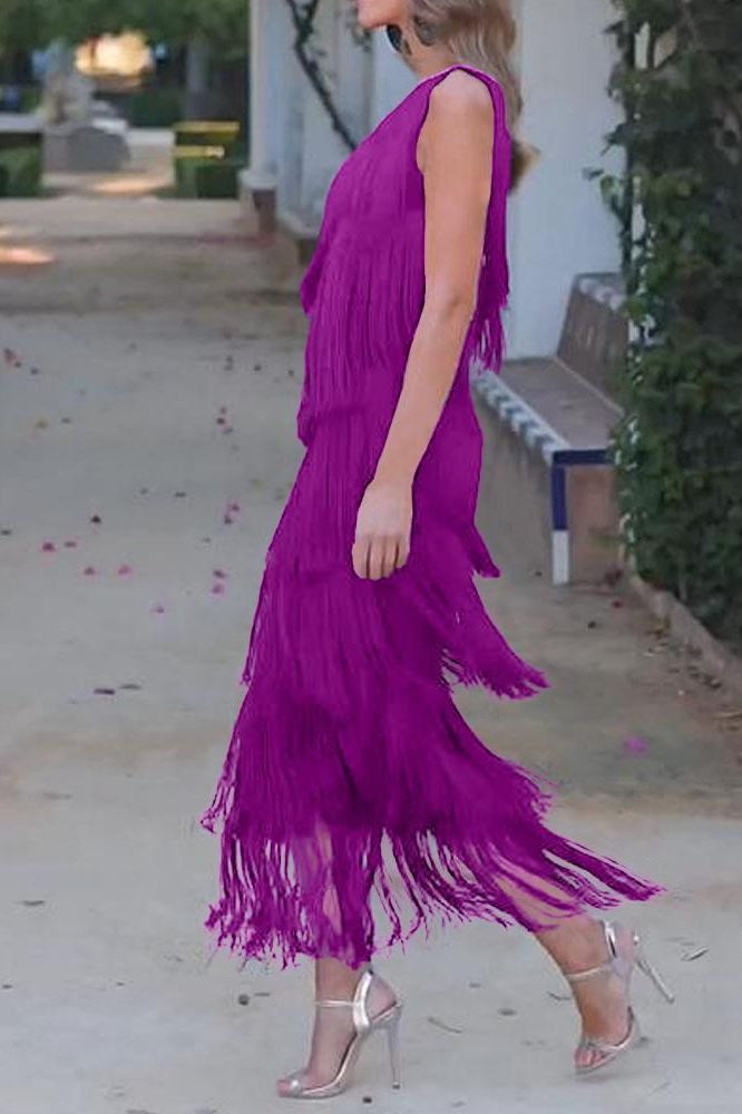 Maya-Off Shoulder elegant fringe dress