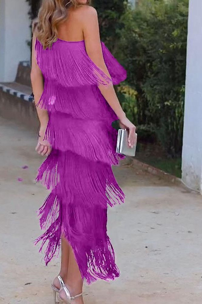 Maya-Off Shoulder elegant fringe dress