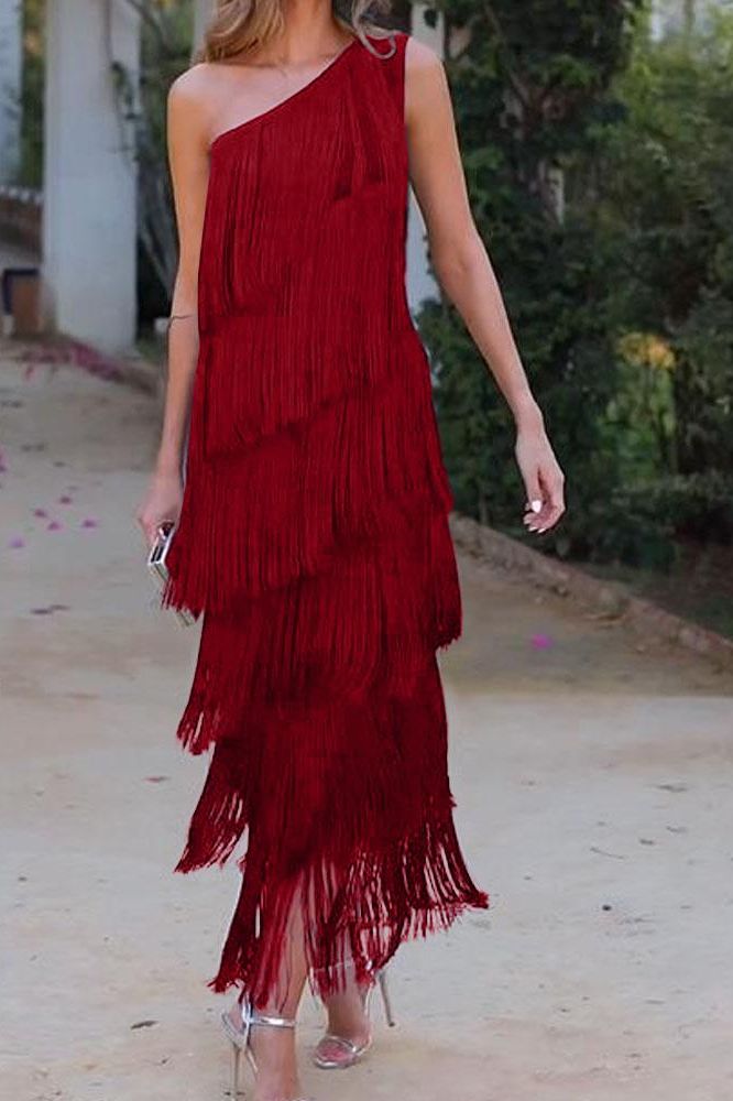 Maya-Off Shoulder elegant fringe dress
