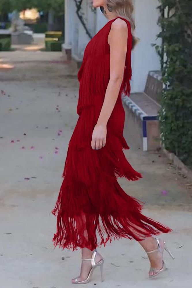 Maya-Off Shoulder elegant fringe dress