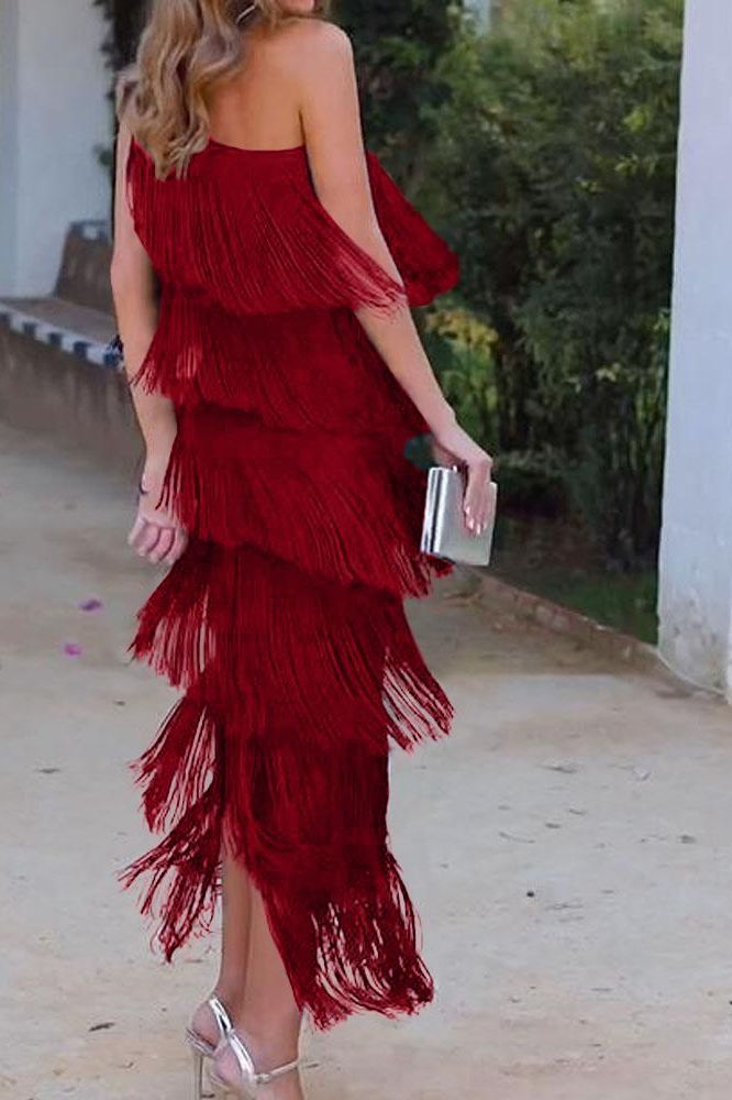Maya-Off Shoulder elegant fringe dress