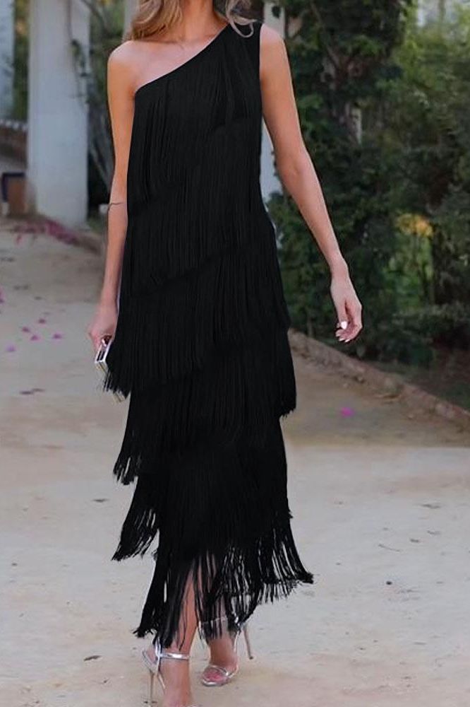 Maya-Off Shoulder elegant fringe dress