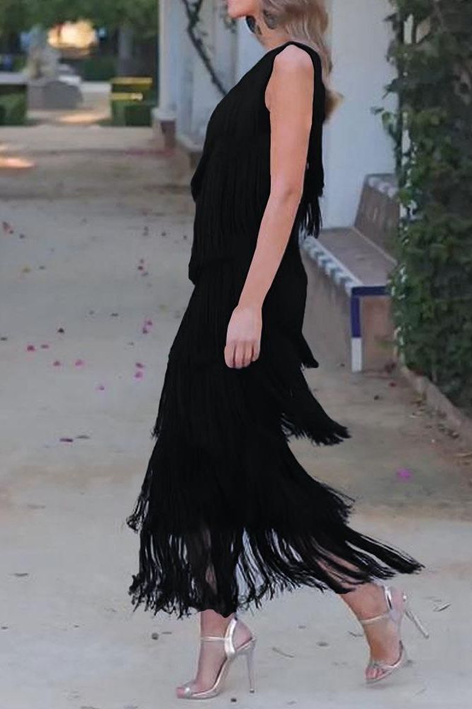 Maya-Off Shoulder elegant fringe dress