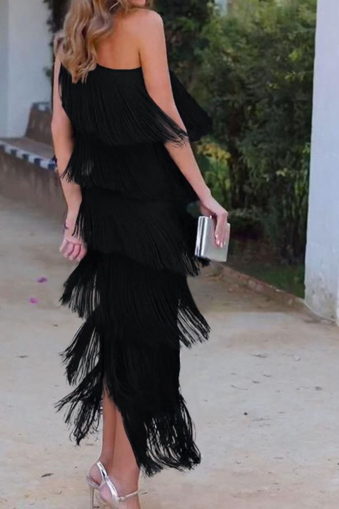 Maya-Off Shoulder elegant fringe dress