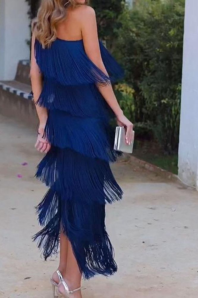 Maya-Off Shoulder elegant fringe dress