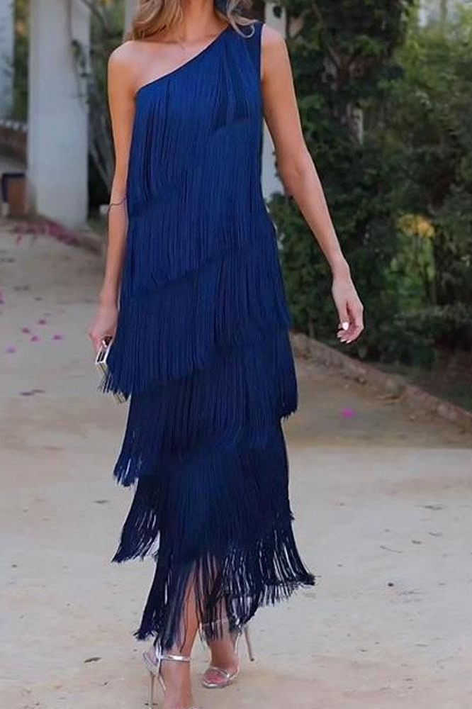 Maya-Off Shoulder elegant fringe dress