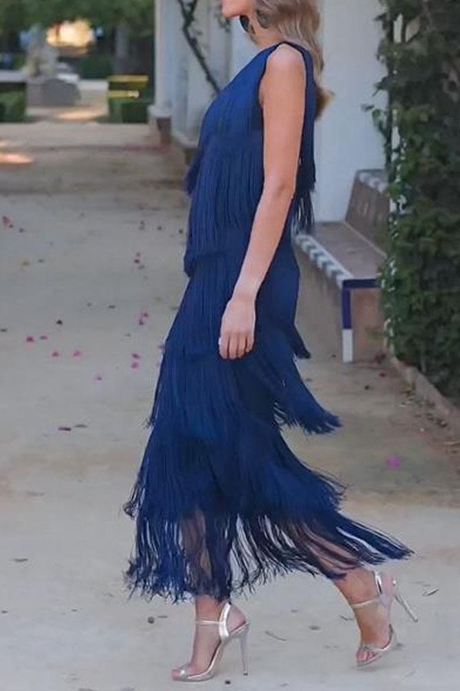 Maya-Off Shoulder elegant fringe dress